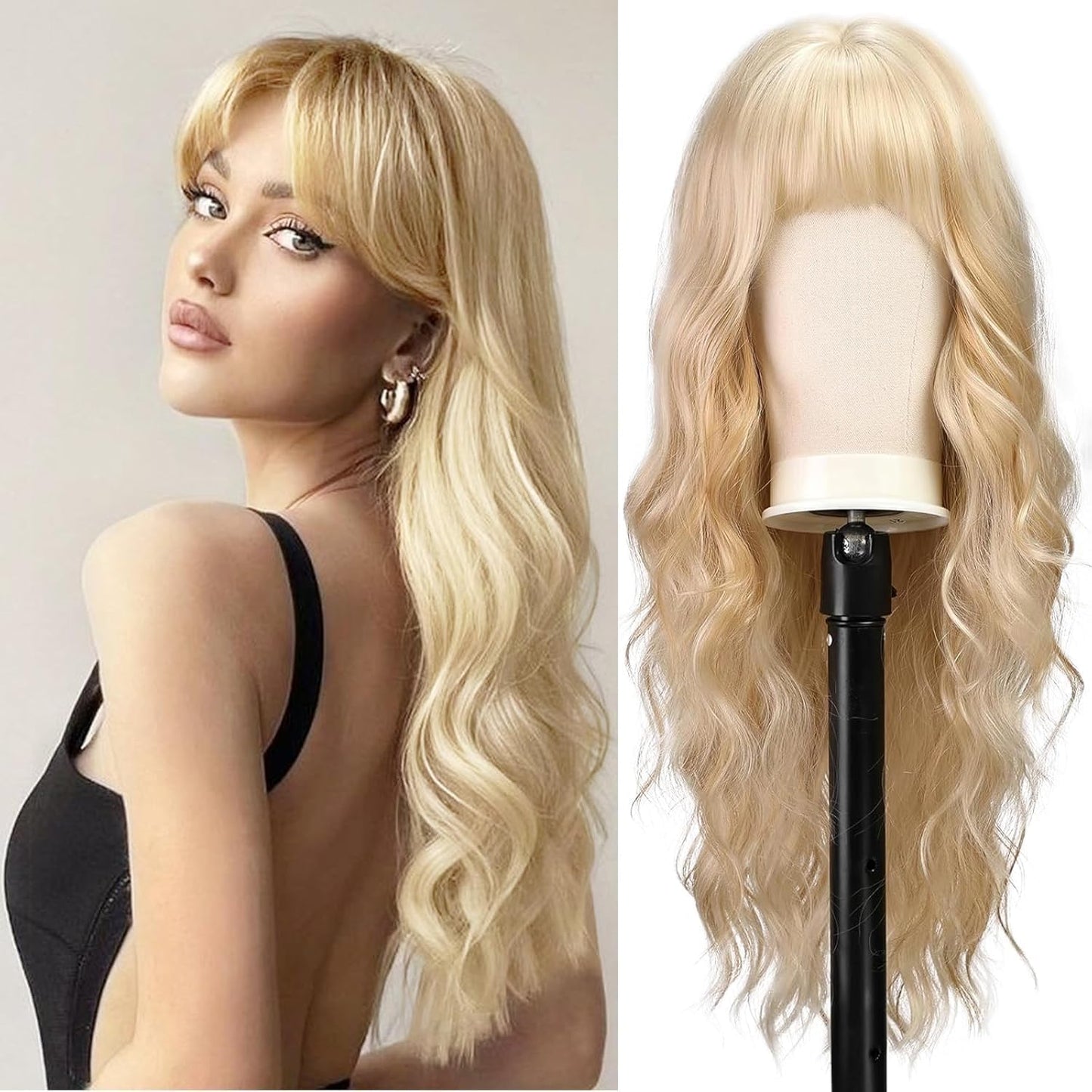 Long Blonde Wig with Bangs 26 Inch Long Curly Wavy Wigs for Women Synthetic Blonde Hair Wigs Natural Looking Daily Cosplay Party Halloween