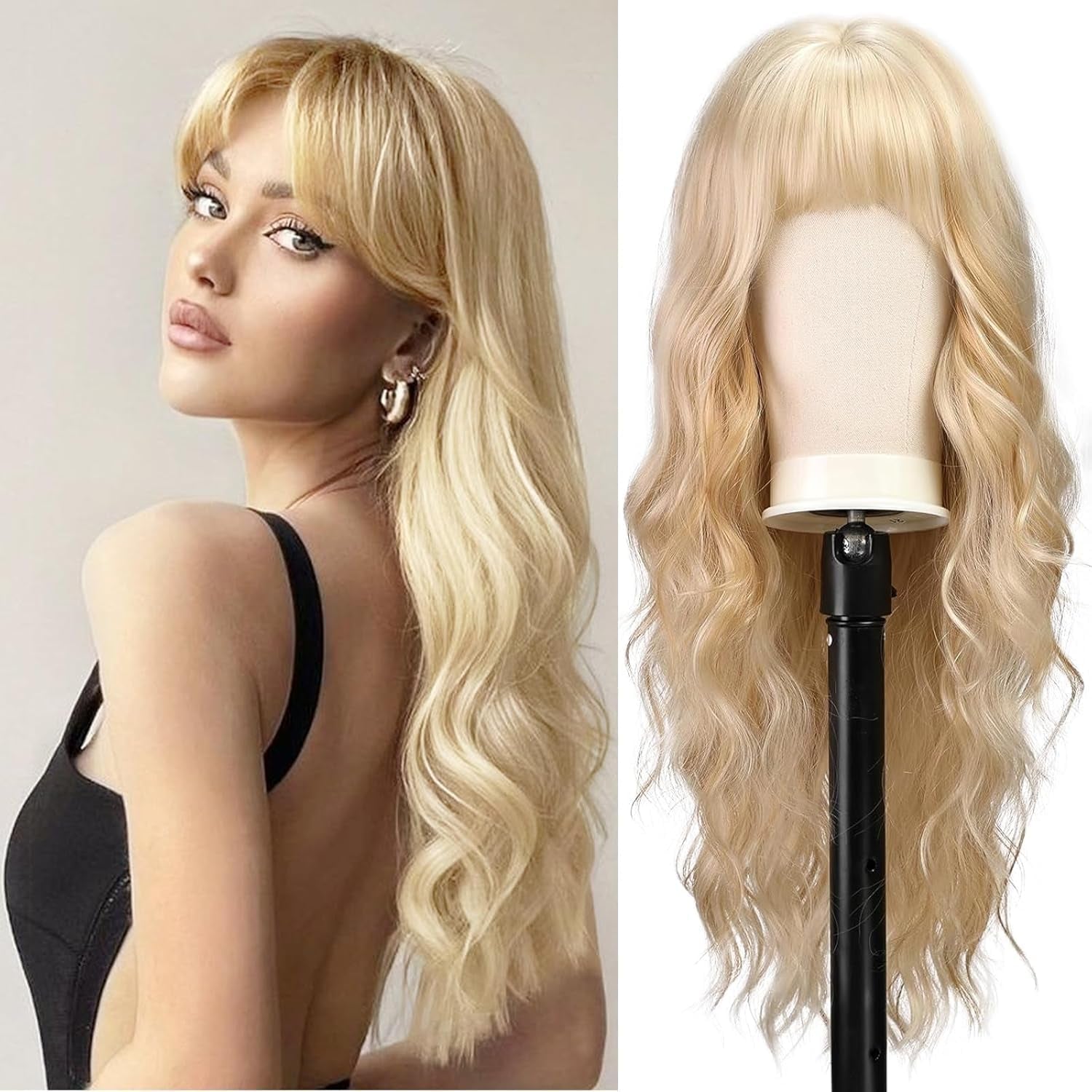 Long Blonde Wig with Bangs 26 Inch Long Curly Wavy Wigs for Women Synthetic Blonde Hair Wigs Natural Looking Daily Cosplay Party Halloween
