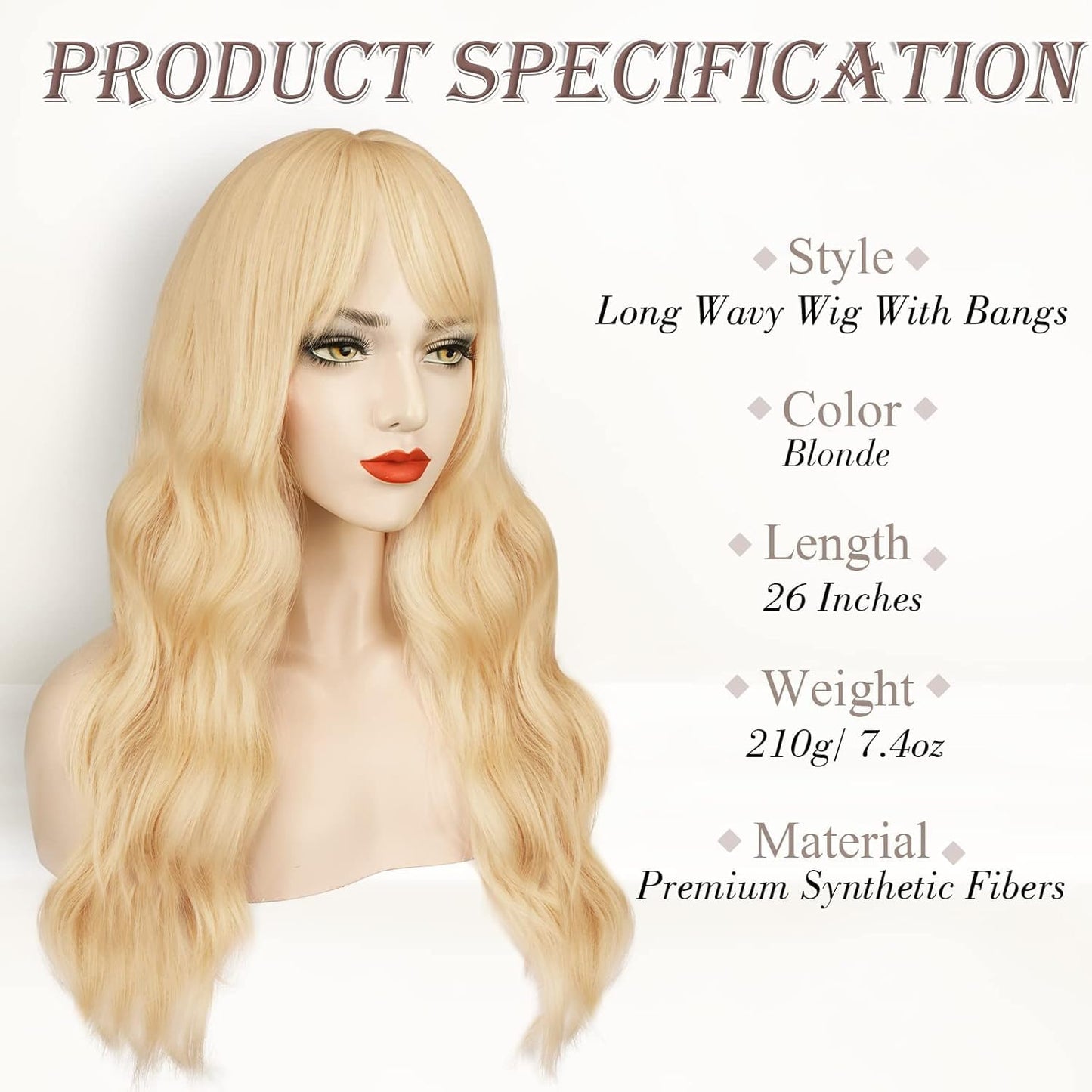Long Blonde Wig with Bangs 26 Inch Long Curly Wavy Wigs for Women Synthetic Blonde Hair Wigs Natural Looking Daily Cosplay Party Halloween