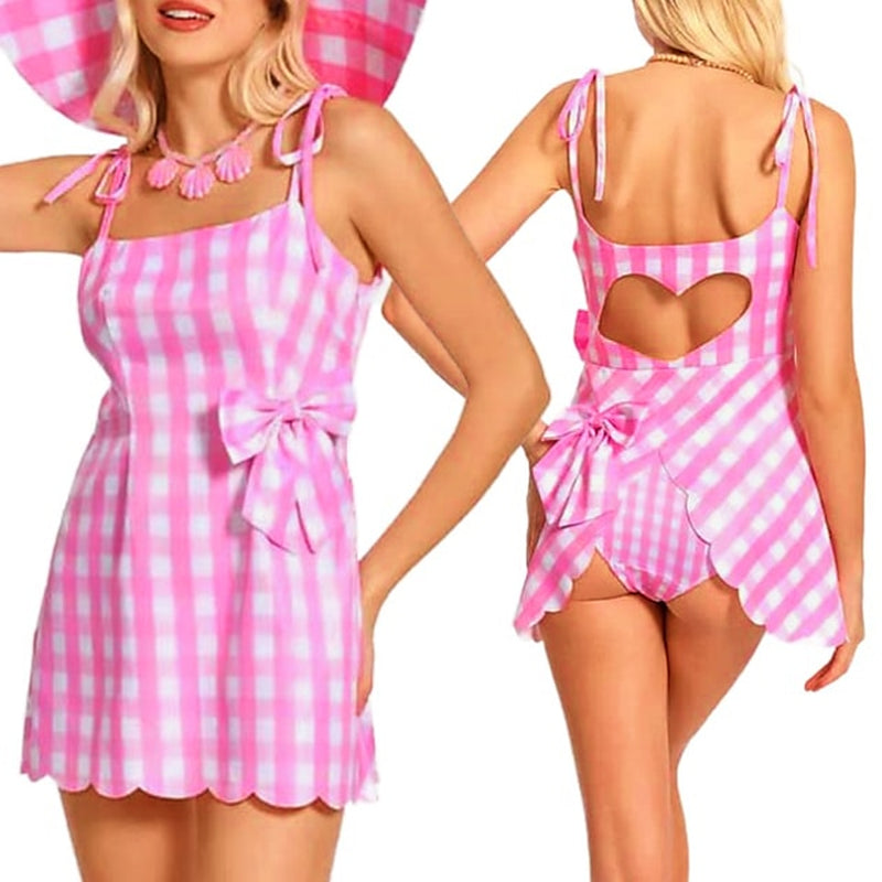 Doll Movie Outfits Hot Pink Bikini Swimwear Blond Wigs Cosplay Costume for Girls Women Pink Gingham Dress Y2K Retro Vintage Beach Vacation Daily Wear Halloween Carnival