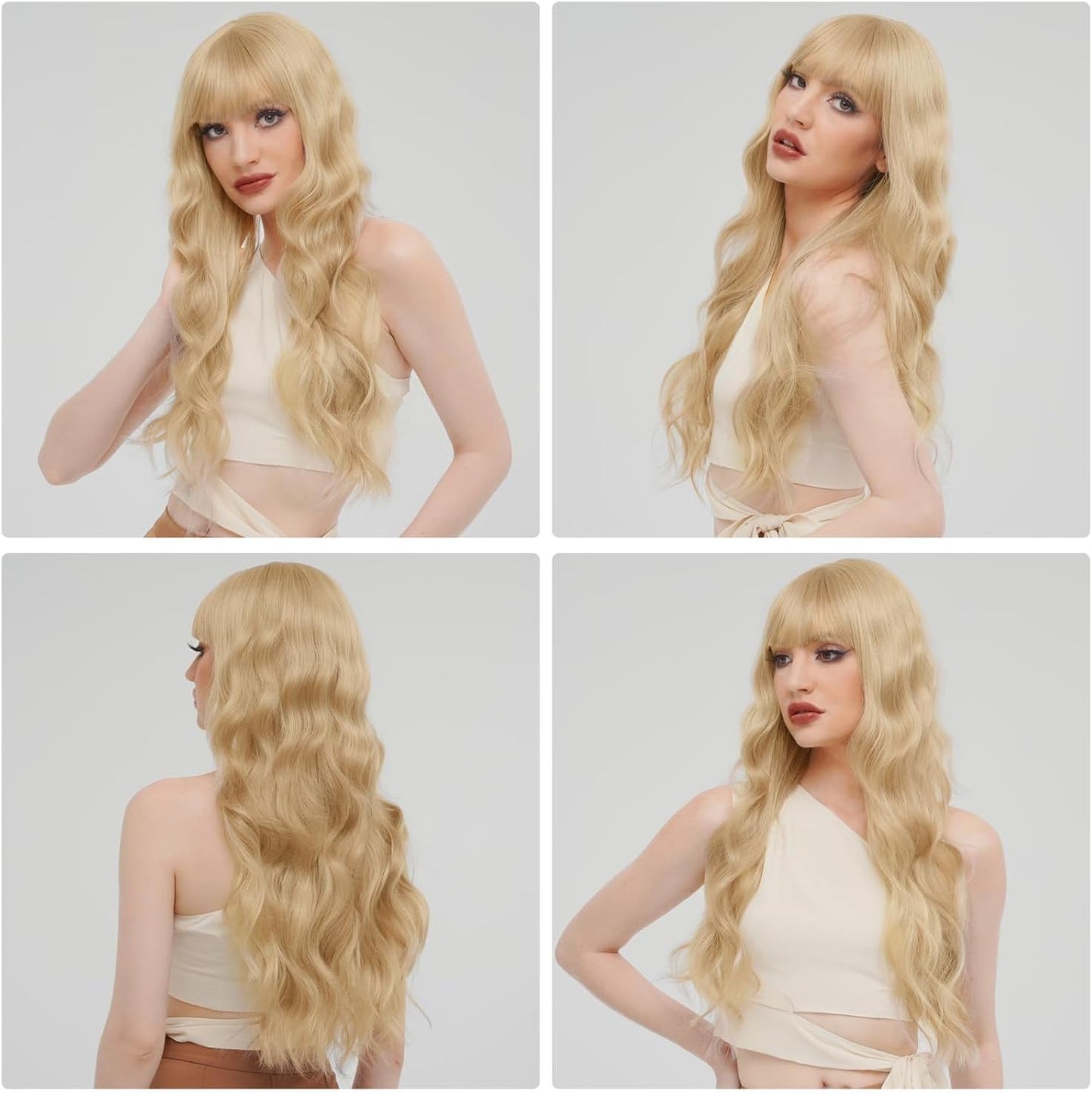 Long Blonde Wig with Bangs 26 Inch Long Curly Wavy Wigs for Women Synthetic Blonde Hair Wigs Natural Looking Daily Cosplay Party Halloween