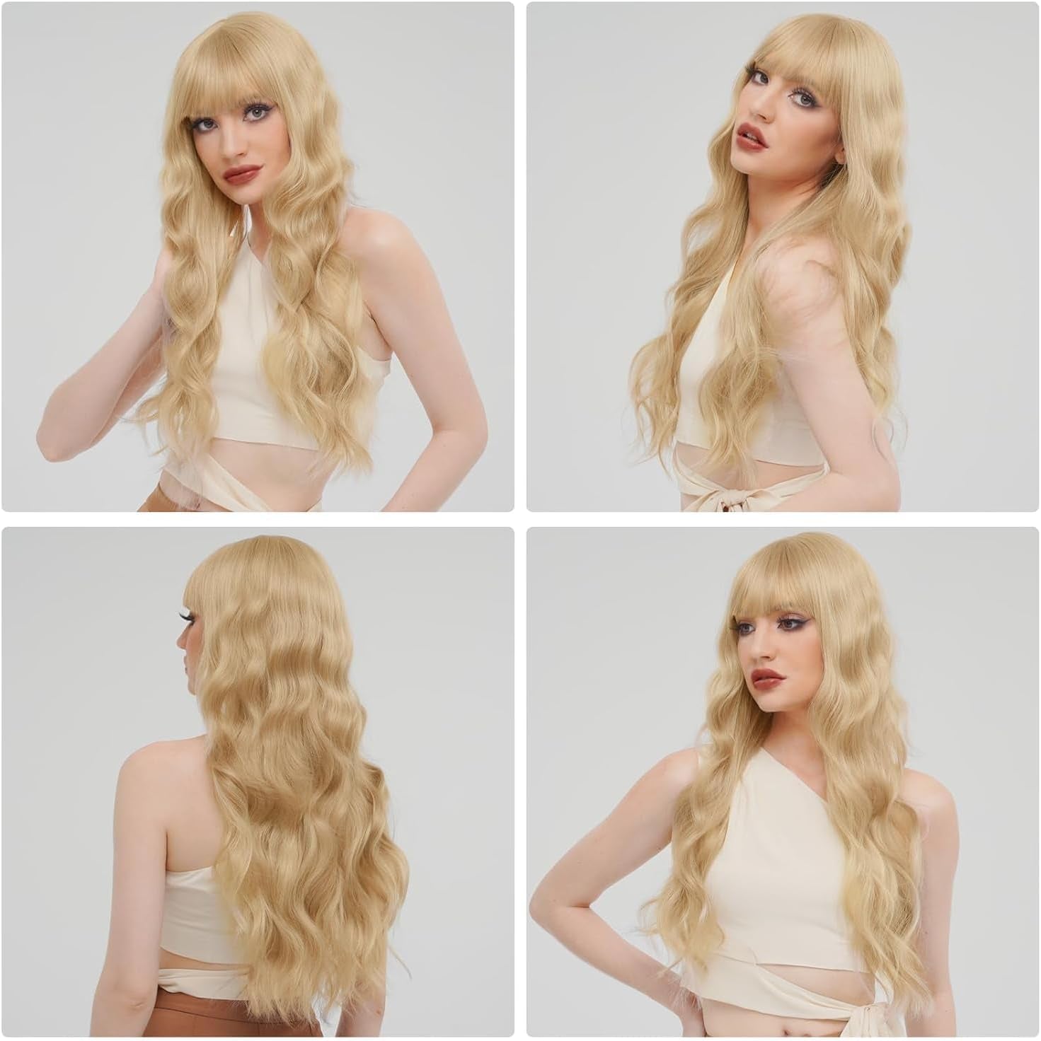 Long Blonde Wig with Bangs 26 Inch Long Curly Wavy Wigs for Women Synthetic Blonde Hair Wigs Natural Looking Daily Cosplay Party Halloween