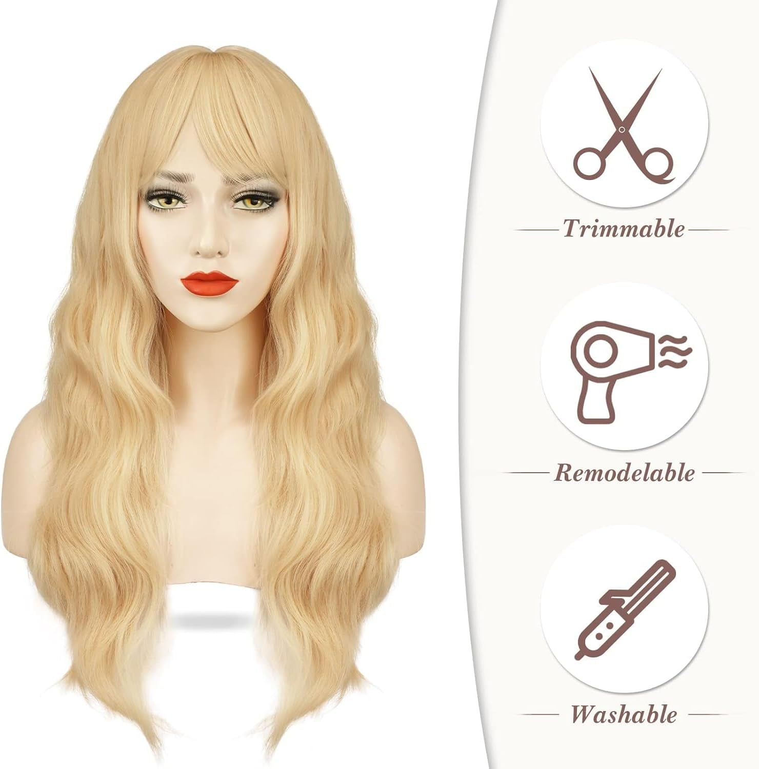 Long Blonde Wig with Bangs 26 Inch Long Curly Wavy Wigs for Women Synthetic Blonde Hair Wigs Natural Looking Daily Cosplay Party Halloween