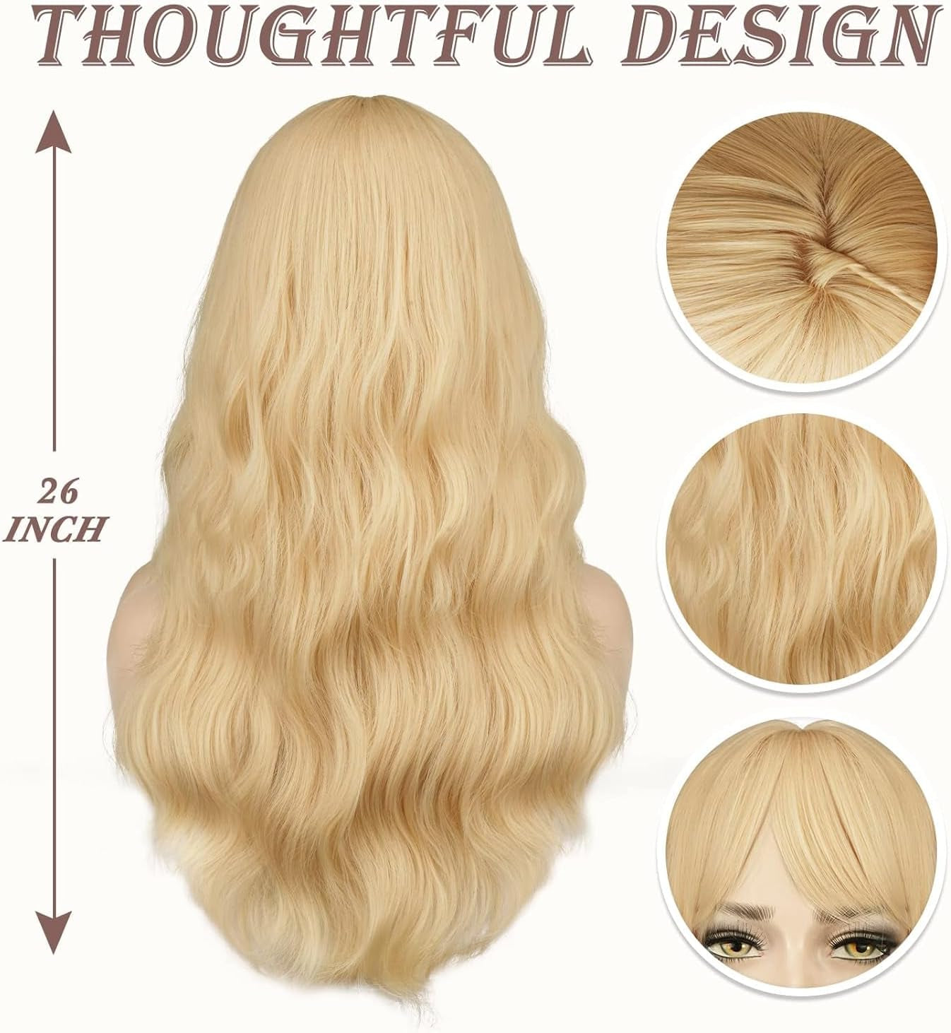 Long Blonde Wig with Bangs 26 Inch Long Curly Wavy Wigs for Women Synthetic Blonde Hair Wigs Natural Looking Daily Cosplay Party Halloween